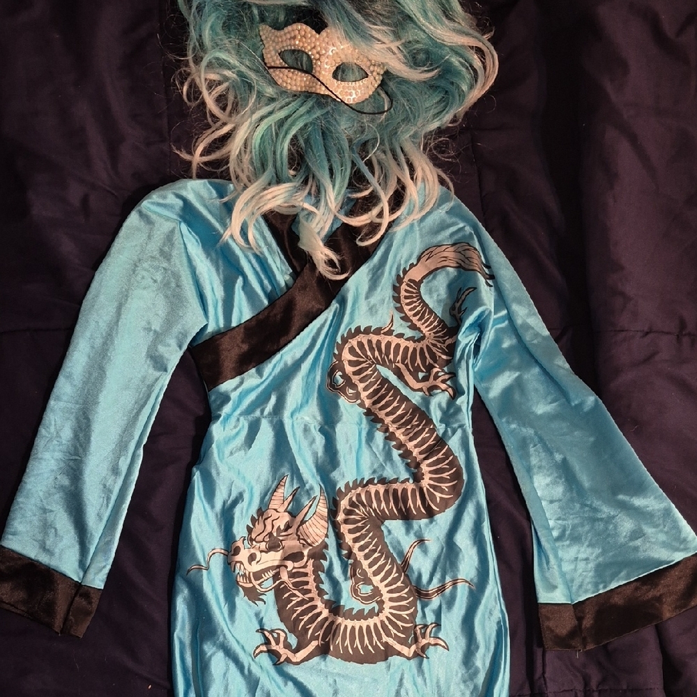 Kids Blue Dragon Geisha Costume in Blue and Black